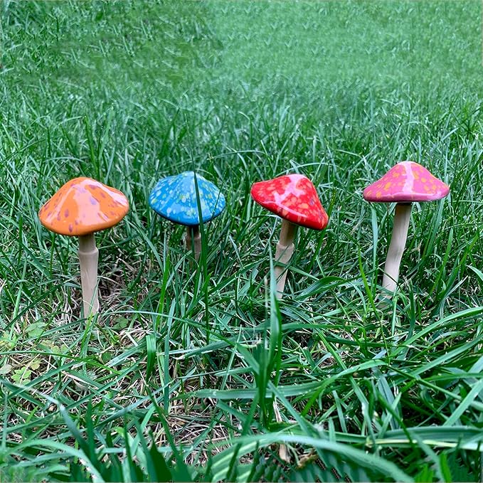 Mushroom Outdoor Decor 4pcs Colorful Ceramic Garden, Lawn, Plants Stake 6.89'' in Height