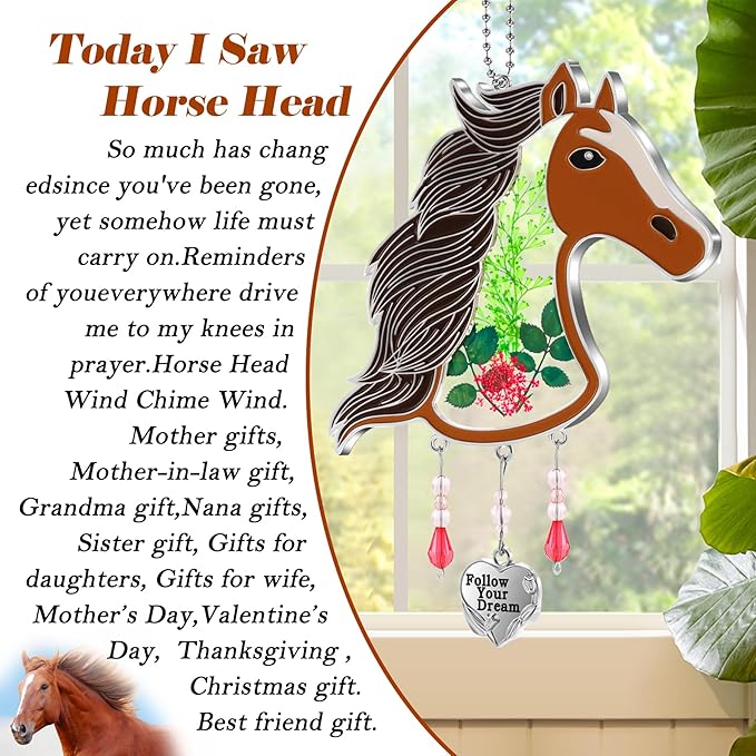 KY&BOSAM Horse Head Suncatcher Glass Hand-Painted Follow Your Dream Suncatchers Ornament hangings Wind Chime with Pressed Flower Horse Embedded in Glass Window Mother`s Day Birthdays…
