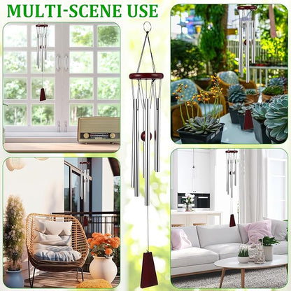 Yahenda 6 Pieces Rustic Wind Chimes 28 Inch Deep Tone Wind Chimes with 6 Aluminum Tubes Memorial Outdoors Soothing Melody for Farmhouse Garden Patio Home Decor (Silver)