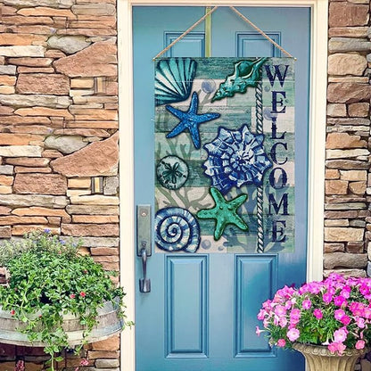 Home Decorative Welcome Summer Coastal House Flag, Nautical Beach Garden Yard Tropical Conch Starfish Shells Outside Decoration, Blue Ocean Sea Outdoor Large Decor Double Sided 28x40
