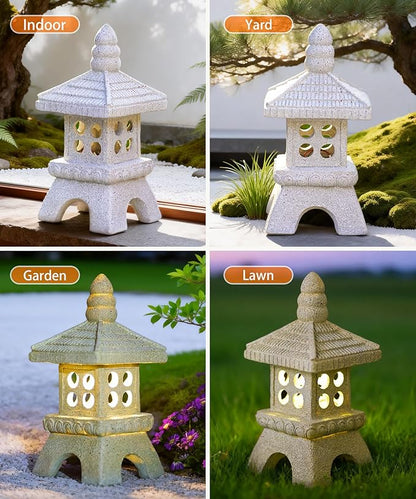 Nacome Solar Pagoda Garden Statues:11.5 inches Outdoor Waterproof Resin Zen Decor for Landscape Balcony Patio Porch Yard Ornament(Gray)