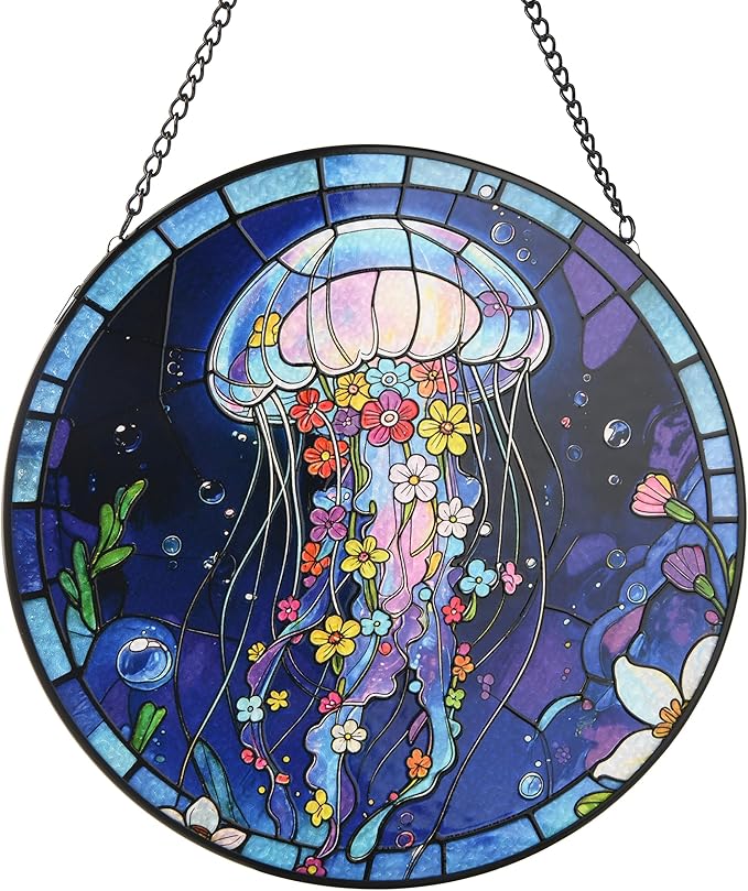Stained Glass Window Hanging, Blue Jellyfish & Flowers Circular Painted Glass Suncatcher with Chain & Suction Cup for Home Garden Door Decor, Birthday for Women Men Mom 7.8 in