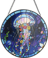 Stained Glass Window Hanging, Blue Jellyfish & Flowers Circular Painted Glass Suncatcher with Chain & Suction Cup for Home Garden Door Decor, Birthday for Women Men Mom 7.8 in