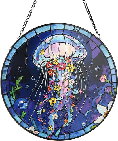 Stained Glass Window Hanging, Blue Jellyfish & Flowers Circular Painted Glass Suncatcher with Chain & Suction Cup for Home Garden Door Decor, Birthday for Women Men Mom 7.8 in