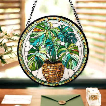 7.8" Green Plant Suncatcher Stained Glass Window Hanging Monstera Plants Sun Catchers Nature Ornaments Wall Art Garden Home Room Yard Door Decor Birthday for Women Mom