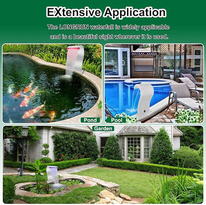 LONGRUN S-Shaped Waterfall Spillway Stainless Steel Swimming Pool Fountain, RF & APP Controled LED Light Outdoor Pond Waterfalls Kit for Garden Patio Swimming Pool Koi Ponds Decoration -20.2" Height