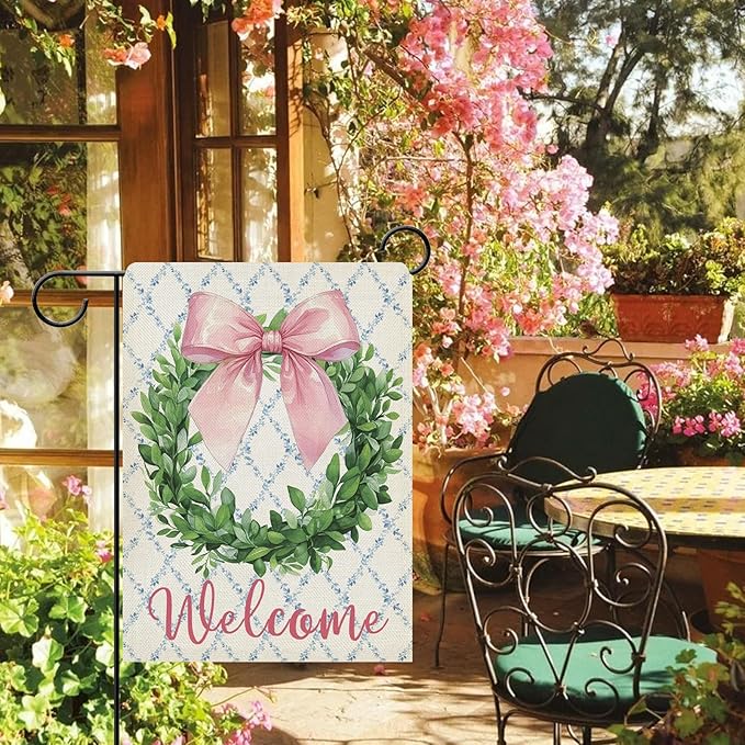 Dyrenson Welcome Pink Bow Wreath Decorative Garden Flag, Coquette Ribbon Eucalyptus Leaves Yard Outside Home Decoration, Botanical Floral Burlap Outdoor Small Decor Double Sided 12 x 18