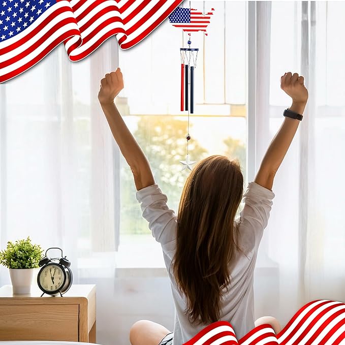 CoTa Global USA Map Flag Wind Chime - Handmade Metal Hanging Decor, Patriotic United States Ornament with Red Blue Tubes, Indoor Outdoor Porch Patio Yard Decoration - 33 Inches