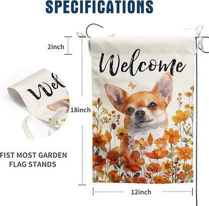 Chihuahua Fall Garden Flag Autumn Dog Yard Sign Orange Floral Thanksgiving Outdoor Banners for Outside 12x18 Double Sided Small Wild Flower Lawn Decorations