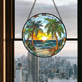 Stained Glass Window Hanging Sea Beach Coconut Trees Sunrise Large 11.8" - Suncatcher Door Garden Sunroom Sun Catcher Home Decor Birthday Christmas for Mom Men Woman Nana