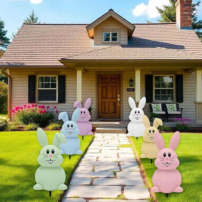 6 Pcs Outdoor Easter Bunny Decorations, 15.7 Inch Metal Easter Bunny Garden Stakes, Double-Sided Pastel Rabbit Yard Signs with Stakes for Spring Lawn Patio Garden Decor & Photo Props