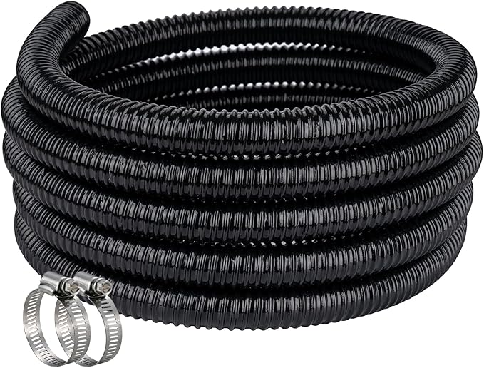 Pond Hose ID 2” × 25ft Black Corrugated Flexible Reinforced PVC Hose Vinyl Tubing for Pond Pump Fountain Garden Waterfall, Non-toxic & Kinkproof, with 2 clamps