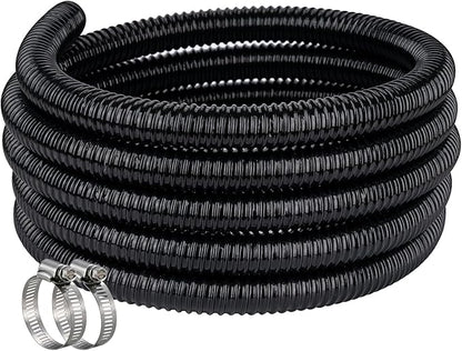 Pond Hose ID 2” × 25ft Black Corrugated Flexible Reinforced PVC Hose Vinyl Tubing for Pond Pump Fountain Garden Waterfall, Non-toxic & Kinkproof, with 2 clamps
