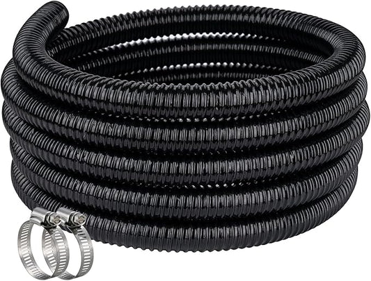 Pond Hose ID 2” × 25ft Black Corrugated Flexible Reinforced PVC Hose Vinyl Tubing for Pond Pump Fountain Garden Waterfall, Non-toxic & Kinkproof, with 2 clamps