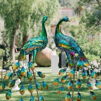 Kircust Metal Peacock Sculptures - Set of 2 Outdoor Garden Yard Art, Durable Weather-Resistant Lawn Statues, Hand-Painted, 30.7" H - Ideal for Backyard, Patio, and Porch Decor