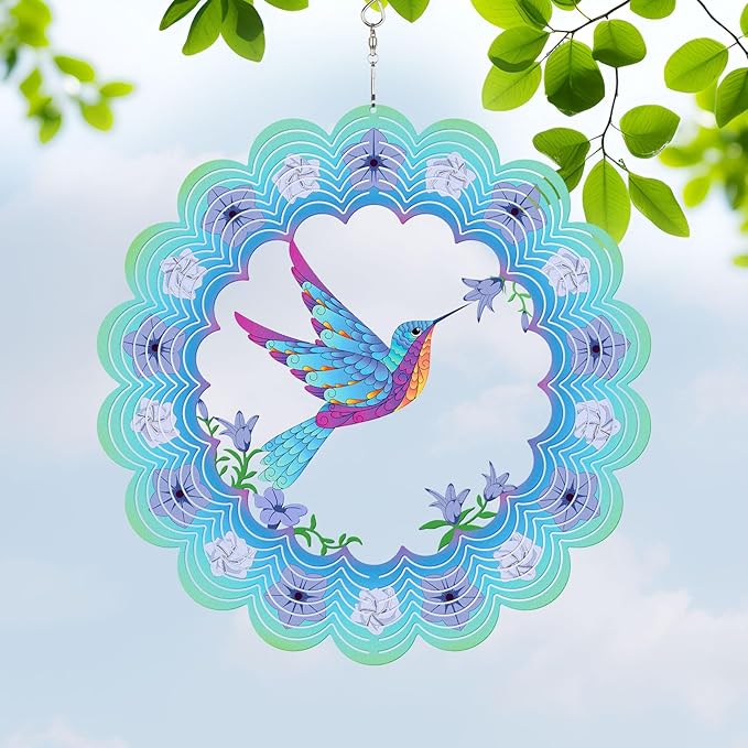 Bnesi Hummingbird Wind Spinner Novel Hummingbird Gifts for Women Metal Hanging Wind Spinner Hummingbird Decor Metal Bird Wind Chimes Hummingbird House Yard Art Garden Decor (Hummingbird)