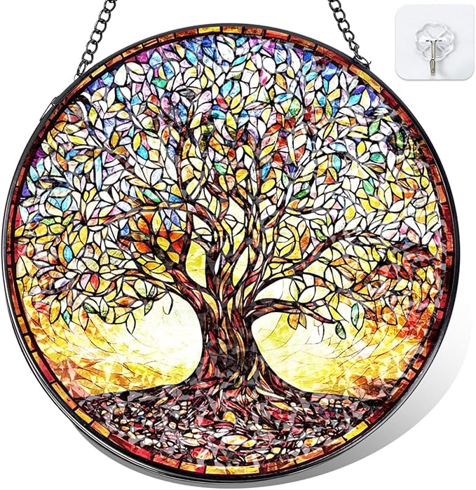 Stained Glass Window Hanging - Colorful Tree of Life Suncatcher with Metal Chain, Glass Panel Ornament for Home Window Wall Indoor Outdoor Decor Gift