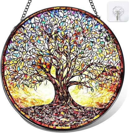 Stained Glass Window Hanging - Colorful Tree of Life Suncatcher with Metal Chain, Glass Panel Ornament for Home Window Wall Indoor Outdoor Decor Gift