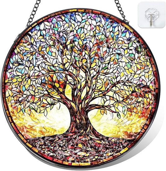 Stained Glass Window Hanging - Colorful Tree of Life Suncatcher with Metal Chain, Glass Panel Ornament for Home Window Wall Indoor Outdoor Decor Gift