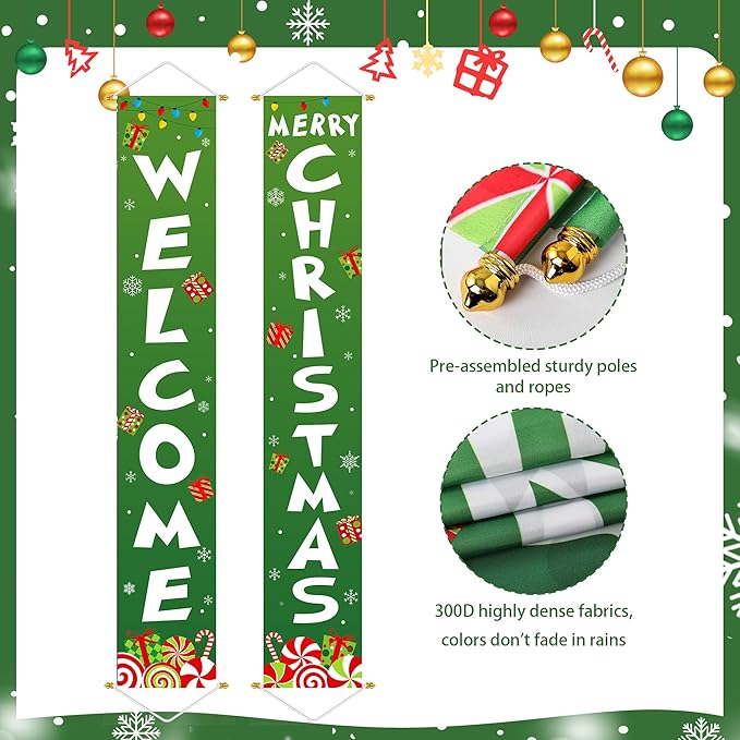 Ivenf Outdoor Christmas Decorations Yard: Cute Green White Front Porch Sign Banner, Welcome Merry Christmas Candy Decorations for Home, Indoor Outdoor Xmas Wall Front Door Yard Garage Décor