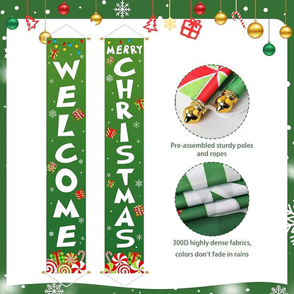 Ivenf Outdoor Christmas Decorations Yard: Cute Green White Front Porch Sign Banner, Welcome Merry Christmas Candy Decorations for Home, Indoor Outdoor Xmas Wall Front Door Yard Garage Décor