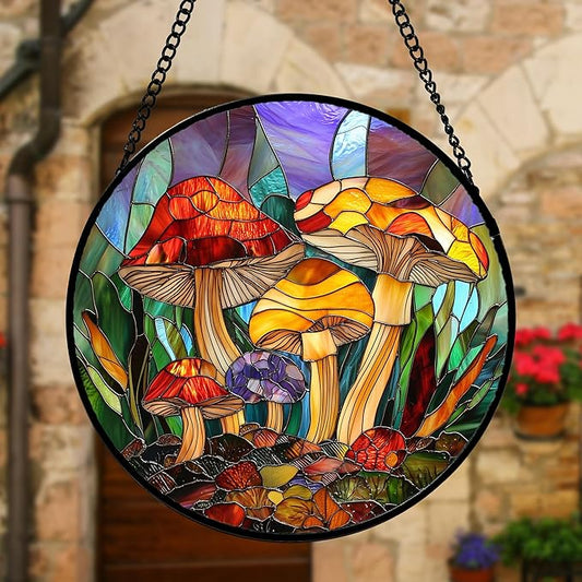 DASTOLL Stained Glass Window Hanging, Jungle Mushrooms Sun Catchers Diamond Glass Panel Hangings Plant Suncatcher Decor for Birthday for Women, Men, Wife, Aunt, and Mom 11.8x11.8 in