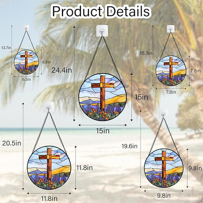 DASTOLL Christian Gifts for Women - Cross Stained Glass Window Hanging Jesus Easter Purple Flower Mountain Sun Catcher Garden Religion Decor Mother's Day Catholic Gift for Men Grandma Nana Her 15"