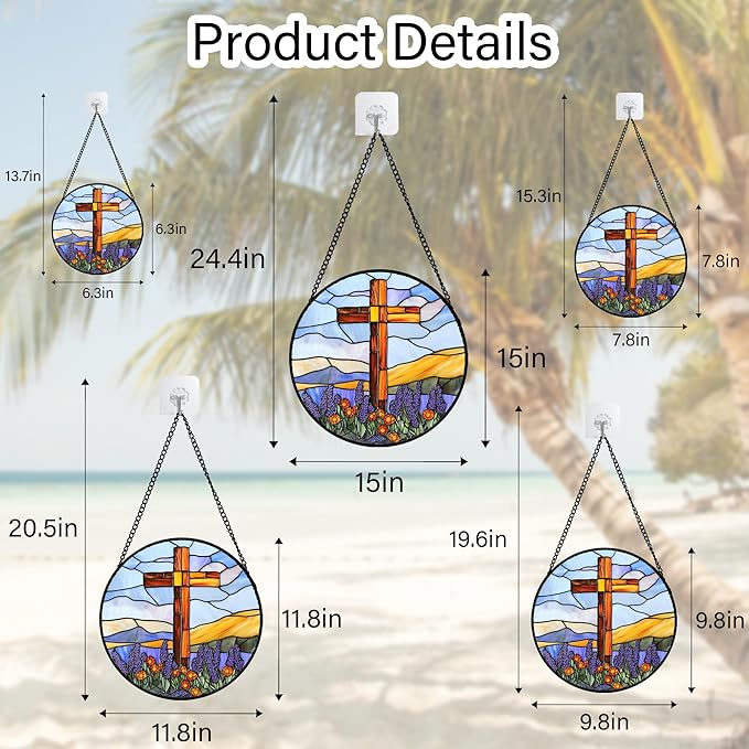 DASTOLL Christian Gifts for Women - Cross Stained Glass Window Hanging Jesus Easter Purple Flower Mountain Sun Catcher Garden Religion Decor Mother's Day Catholic Gift for Men Grandma Nana Her 7.8"