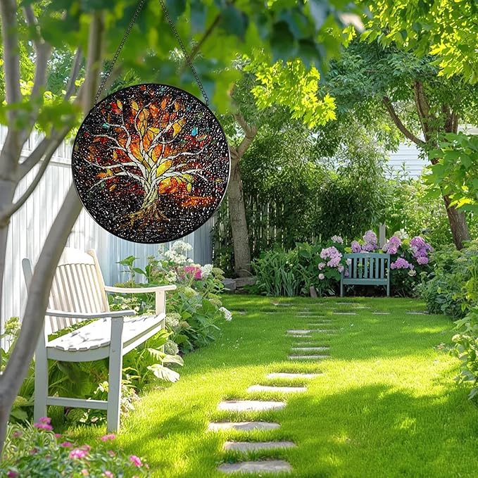 Stained Glass Window Hanging - 8 Inch Tree of Life Sun Catcher, Handmade for Indoor/Garden Decor, Wall Art Gift for Women Mother's Day Christmas