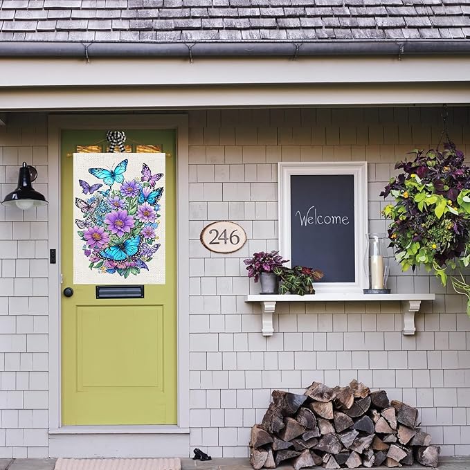 Spring Summer House Flag 28x40 Double Sided, Butterfly Floral Flower Large Garden Flags for Outside Holiday Seasonal Yard Decorations for Home