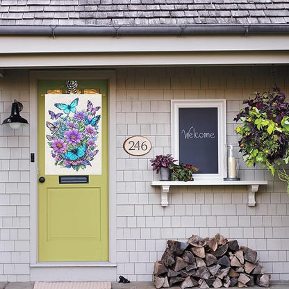 Spring Summer House Flag 28x40 Double Sided, Butterfly Floral Flower Large Garden Flags for Outside Holiday Seasonal Yard Decorations for Home