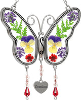 KY&BOSAM Gifts for Grandma Butterfly Suncatcher with Pressed Flower Wings and a Silver Grandma Heart Charm - Stain Glass Panels Grandma Gifts Wind Chime - Mothers Day Birthday Christmas