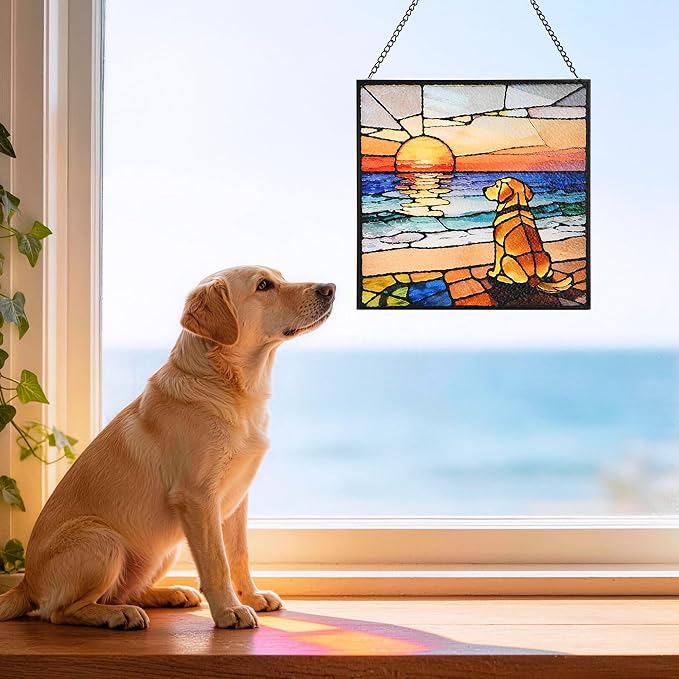 Hanging Stained Glass for Window Dog Suncatcher, Sun Catchers for Outdoor Decoration, Golden Retriever Garden Decor, Gifts for Women, Lovers, Couple, Friend, Bestie