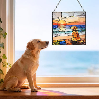 Hanging Stained Glass for Window Dog Suncatcher, Sun Catchers for Outdoor Decoration, Golden Retriever Garden Decor, Gifts for Women, Lovers, Couple, Friend, Bestie