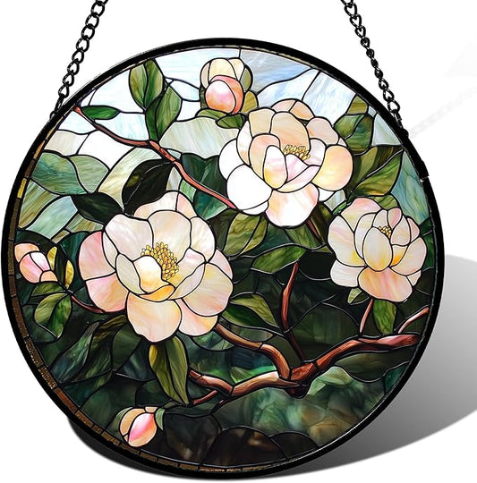 Stained Glass Suncatcher, Light Pink Flowers Green Leaf Sun Catcher Plant Stain Glass Window Hanging Decoration Mother's Day Birthday Gifts for Women Men Mom Nana 15 in