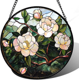 Stained Glass Suncatcher, Light Pink Flowers Green Leaf Sun Catcher Plant Stain Glass Window Hanging Decoration Mother's Day Birthday Gifts for Women Men Mom Nana 11.8 in