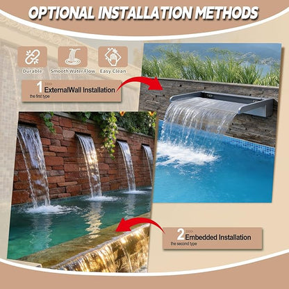 Pool Fountain, Transparent Acrylic Pool Waterfall Spillway with Pipe Connector Kits for Outdoor Decorative, 35.4 Inches Pool Water Feature for Garden Patio, Backyard Koi Pond Decor