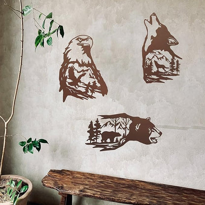 J-Fly Metal Bear Wall Decor Eagle Wall Decor Wildlife Wall Art Rustic Cabin Decor Laser Cut Bear and Wolf Eagle For Living Room Valentine Bathroom etc Indoor & Outdoor Decor 3 Pack