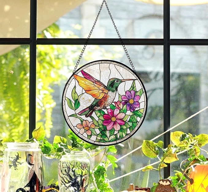 Stained Glass Window Hanging Sun Catcher 7.8 in, Hummingbird Suncatcher for Window, Colorful Round Glass Panel Art Ornament Ready to Hang, Indoor Home Garden Decor Gift for Women
