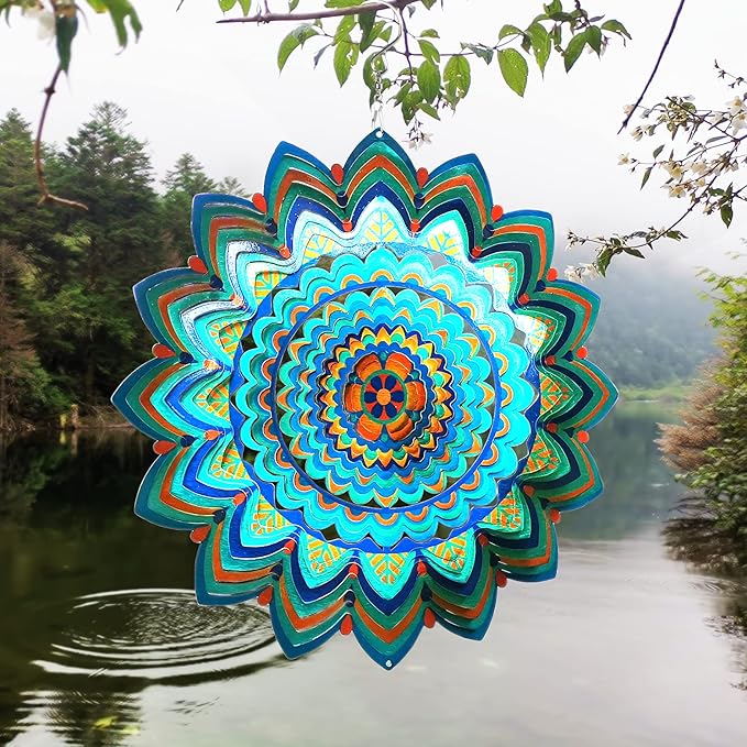 HS's Creation Wind Spinner Hanging Kinetic 19 Gauge 3D Metal with Swivel Hooks Sun Catcher for Outdoor Garden Decoration Handcrafted Art Gift Ornaments Sculpture Mandala Lucky Halo 12 Inch