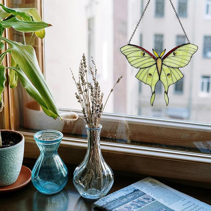 Green Luna Moth Stained Glass Window Hanging, Handmade Sun Catcher Glass Panel Wall Art Decor with Chain, Luna Moth Gifts for Women Mom Grandma, Outdoor Indoor Art Decor for Home Garden