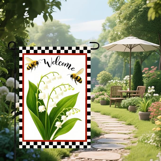 IVN Welcome Garden Flag 12x18 Inch Double Sided Spring Summer Garden Yard Flags Lily of the Valley Bees Decorative Small Flags for Outdoor Seasonal Front Door Lawn Porch Patio Decor Yard Flag