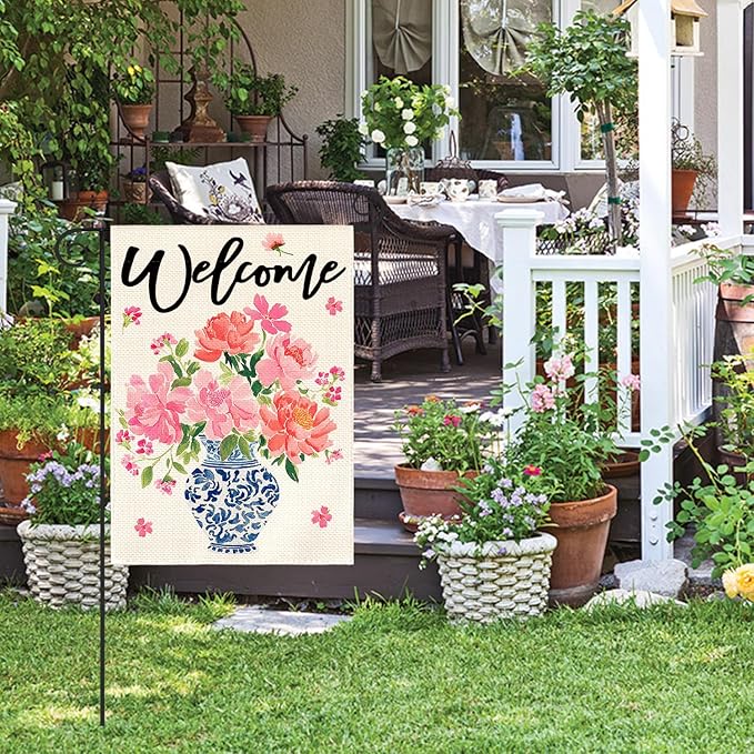 AVOIN colorlife Pink Peony Spring Floral Garden Flag 12x18 Inch Double Sided Outside, Blue and White Chinoiserie Seasonal Welcome Yard Outdoor Flag