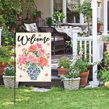 AVOIN colorlife Pink Peony Spring Floral Garden Flag 12x18 Inch Double Sided Outside, Blue and White Chinoiserie Seasonal Welcome Yard Outdoor Flag