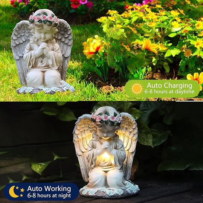VEEKI Solar Angel Garden Statue Outdoor, Resin Angel Statues Solar Figurine Lights Outdoor Waterproof, Angel Sculpture for Outside Garden Yard Patio Grave Cemetery Decor, Sympathy Memorial Gift