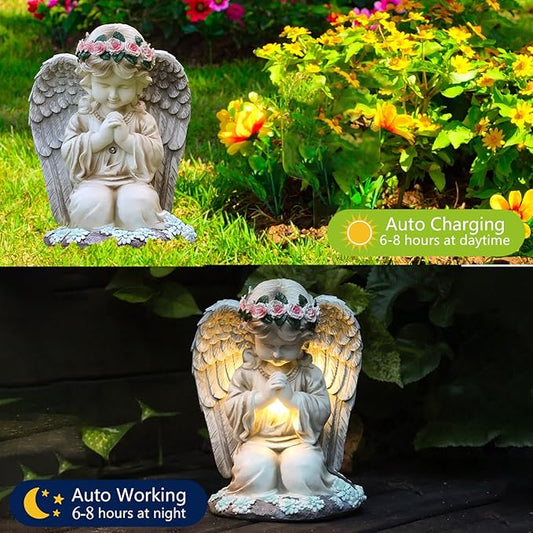VEEKI Solar Angel Garden Statue Outdoor, Resin Angel Statues Solar Figurine Lights Outdoor Waterproof, Angel Sculpture for Outside Garden Yard Patio Grave Cemetery Decor, Sympathy Memorial Gift
