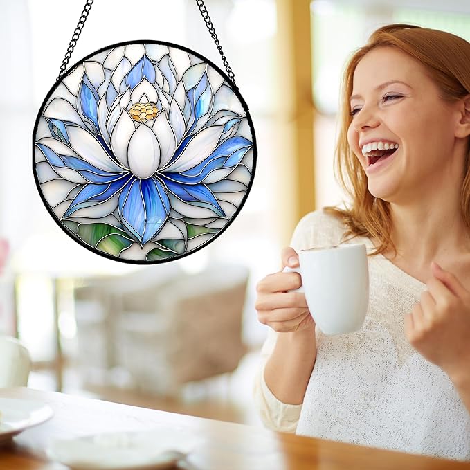 Stained Glass Window Hanging - Blue and White Lotus Petal Suncatcher for Doors Window Home Sun Catchers Decor Christmas Mother's Day July Birthday Gifts for Teacher Women Men Mom Nana 9.8 in