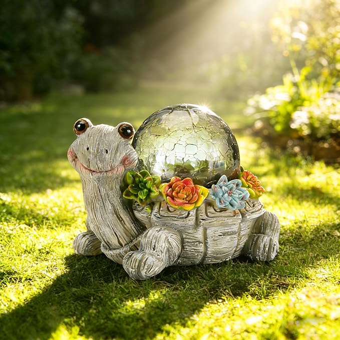 Solar Turtle Garden Statue Lights for Outdoor Decor with Cracked Glass LED Figurine Lighting Resin Succulent Tortoise Decorations Patio Lawn Yard Housewarming Mom Gifts (Grey, Large)