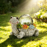 Solar Turtle Garden Statue Lights for Outdoor Decor with Cracked Glass LED Figurine Lighting Resin Succulent Tortoise Decorations Patio Lawn Yard Housewarming Mom Gifts (Grey, Large)