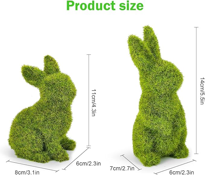 Easter Rabbit Decoration Horticulture Green Flocking Moss Sculpture Decoration Desktop Living Room Garden Easter Gift (Small 2PCS Standing+Sitting)